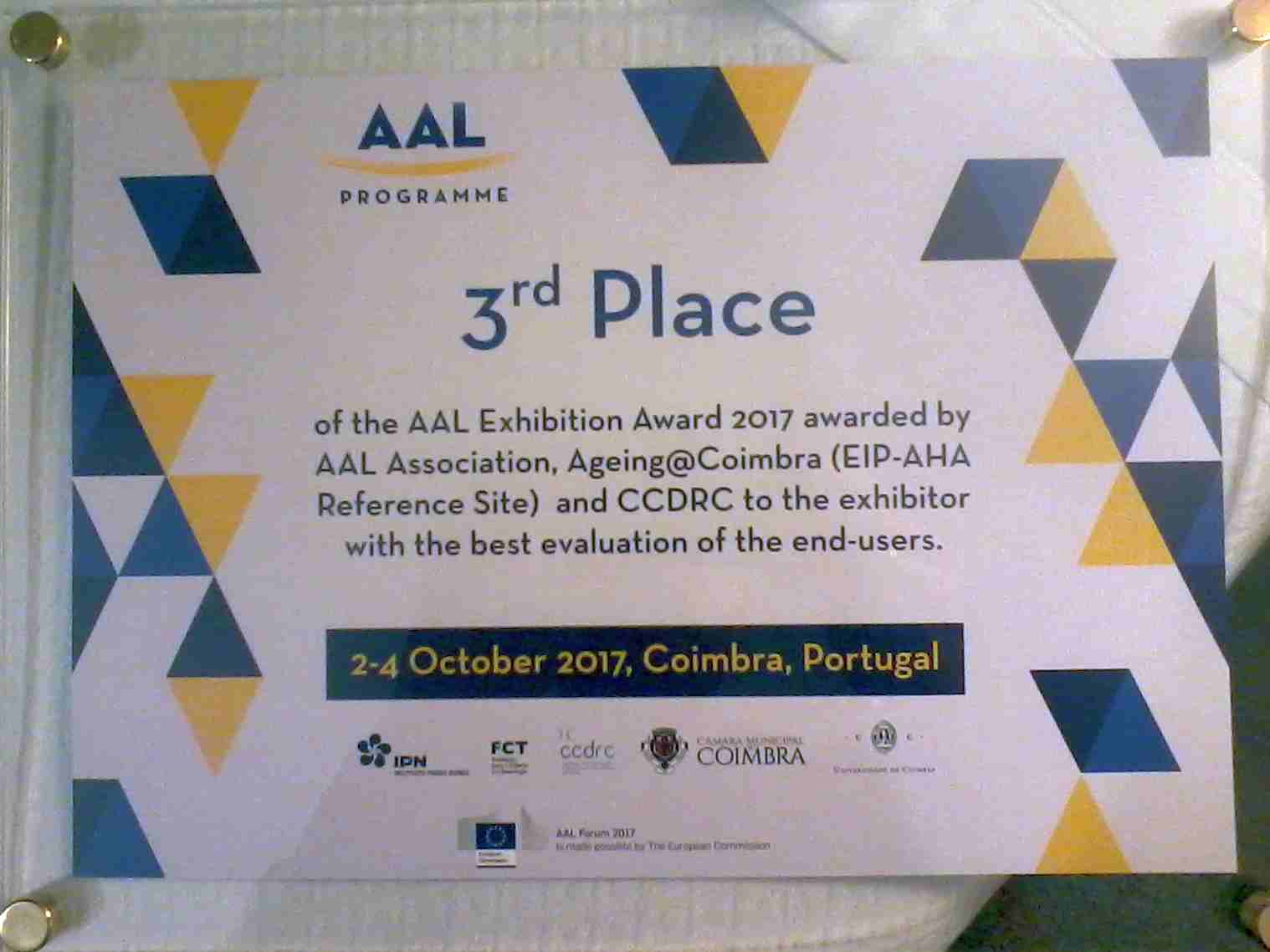 award received for iToilet exhibition booth at AAL Forum 2017 in Coimbra